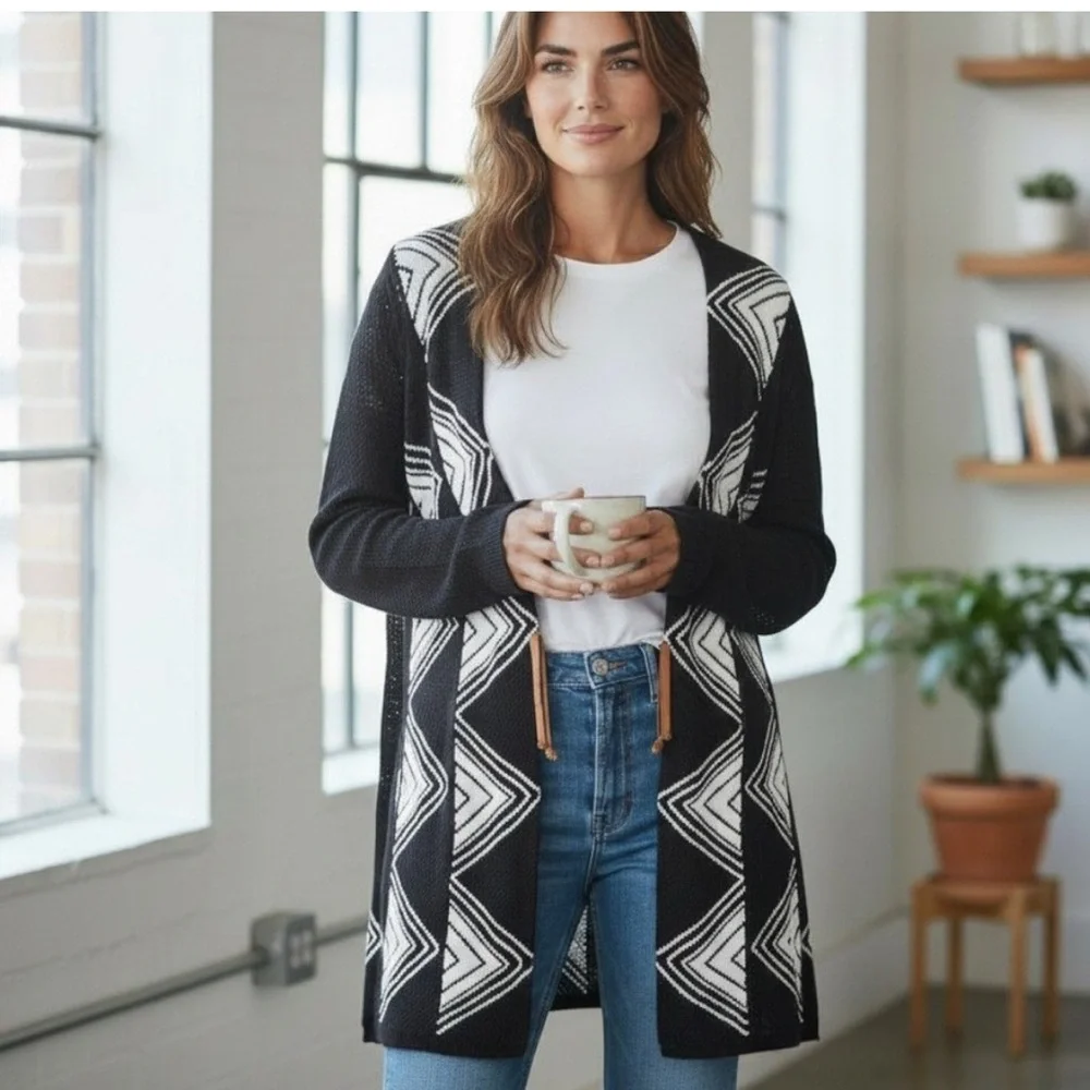 NIC + ZOE Geometric Diamond Knit Open Front Cardigan Sweater Black White Medium